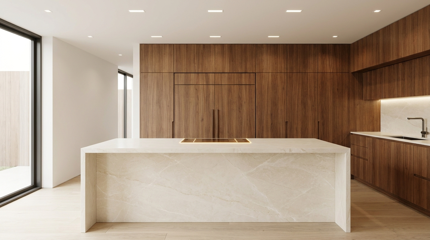 Ultra-modern minimalist kitchen with completely concealed appliances behind continuous wood millwork