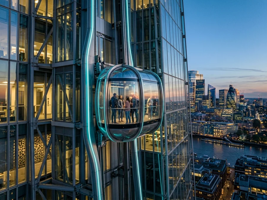 Glass magnetic elevator pod gliding on exterior rail on modern skyscraper facade at twilight