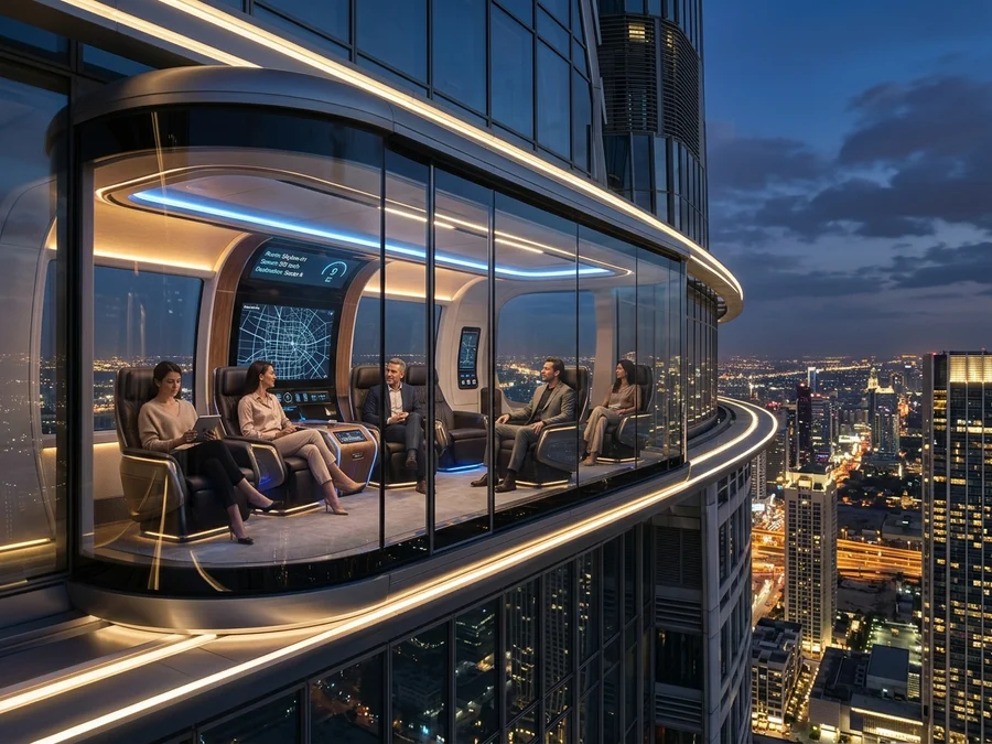 Interior view from maglev elevator pod looking at city skyline as cabin moves horizontally along skyscraper facade