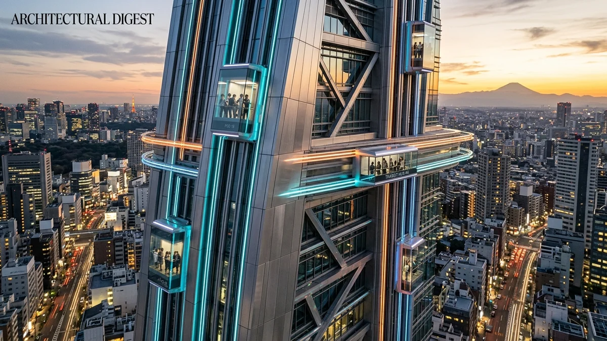 Futuristic skyscraper featuring magnetic levitation elevator pods gliding vertically and horizontally along illuminated exterior glass facade at dusk