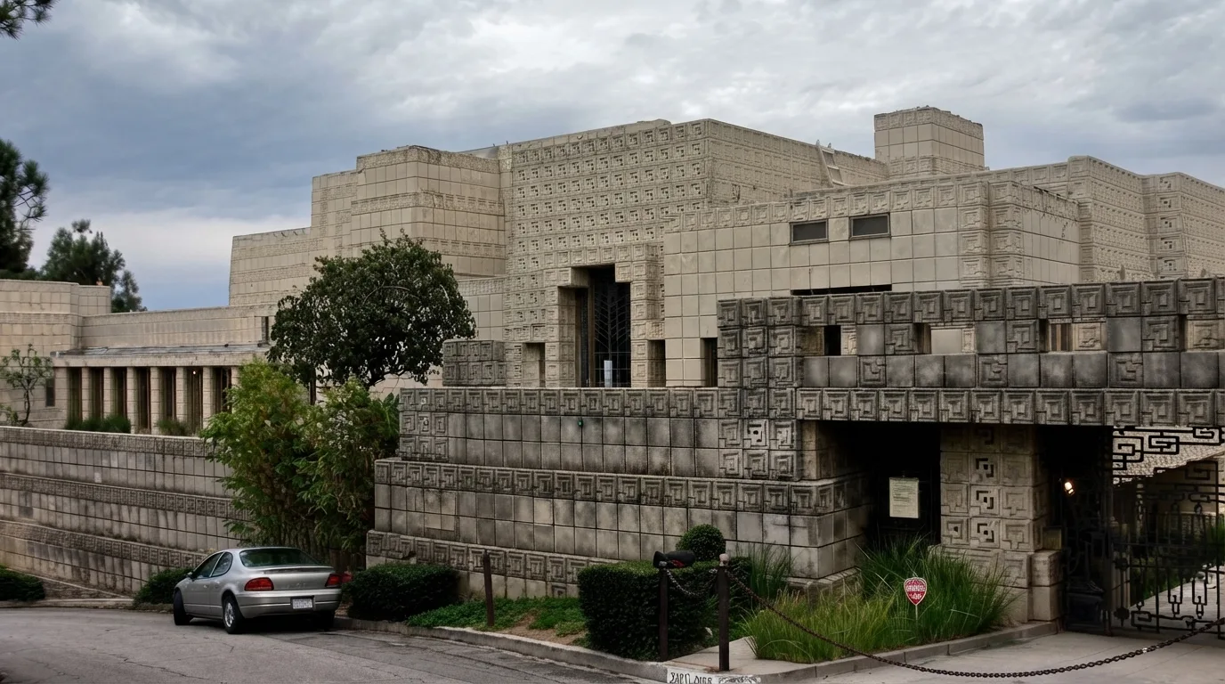 Corredor da Ennis House com ritmo de frestas verticais cortando os blocos de concreto entalhados