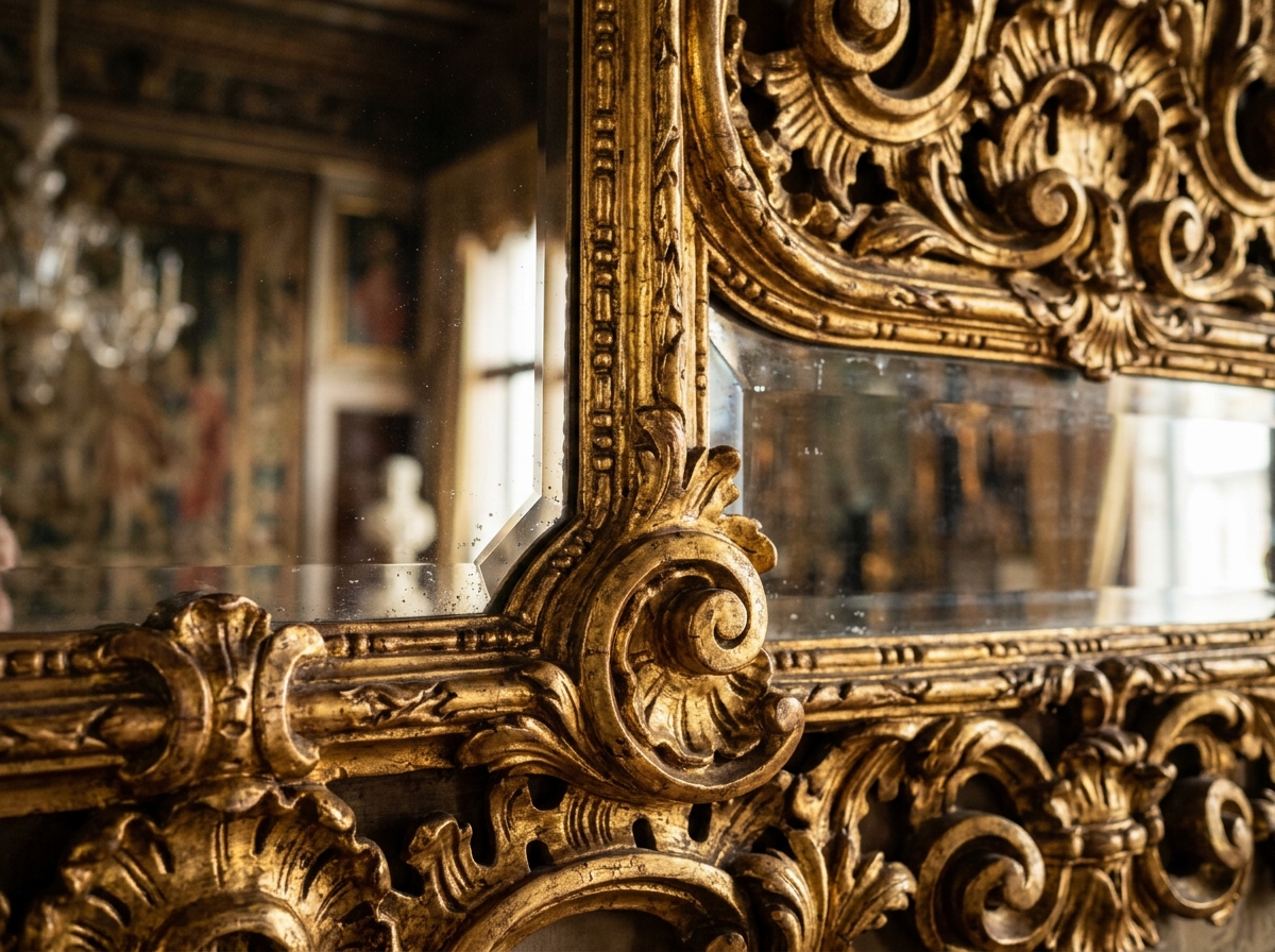Close-up of an ornate 17th century Venetian crystal mirror with gilded frame