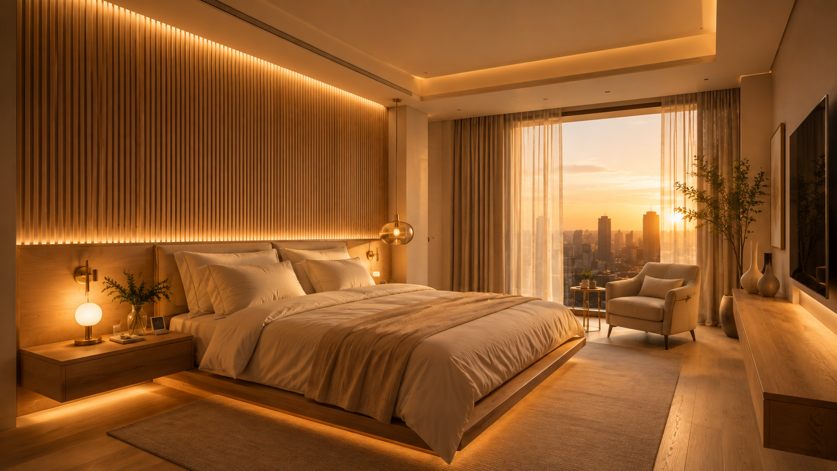 Application of circadian lighting and smart mirror in a cozy bedroom suite