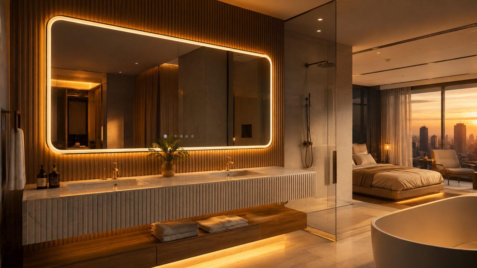 Smart mirror with integrated display and circadian LED lighting in a luxury bathroom