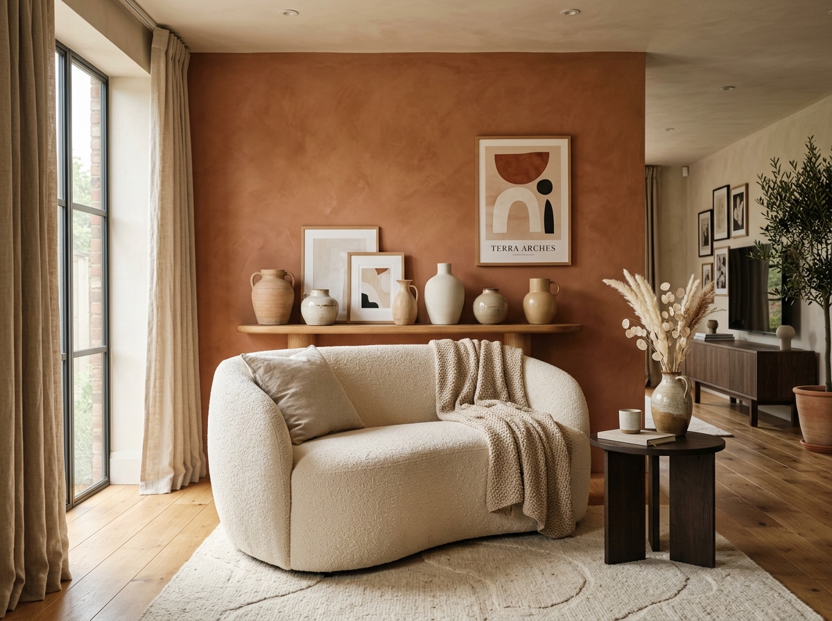 Diseño de interiores contemporáneo con sillón bouclé y pared terracota