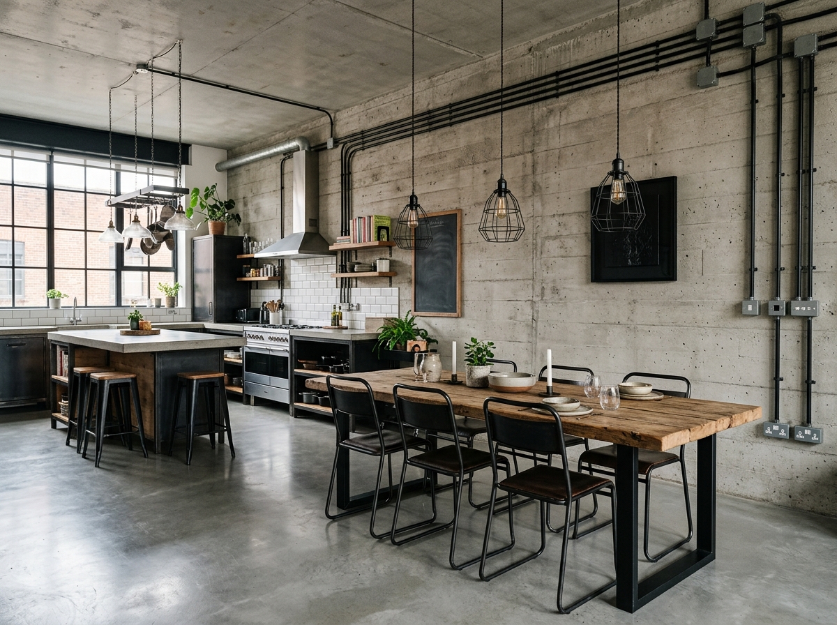 Cozinha e sala de jantar estilo industrial com tubulações aparentes e cimento queimado