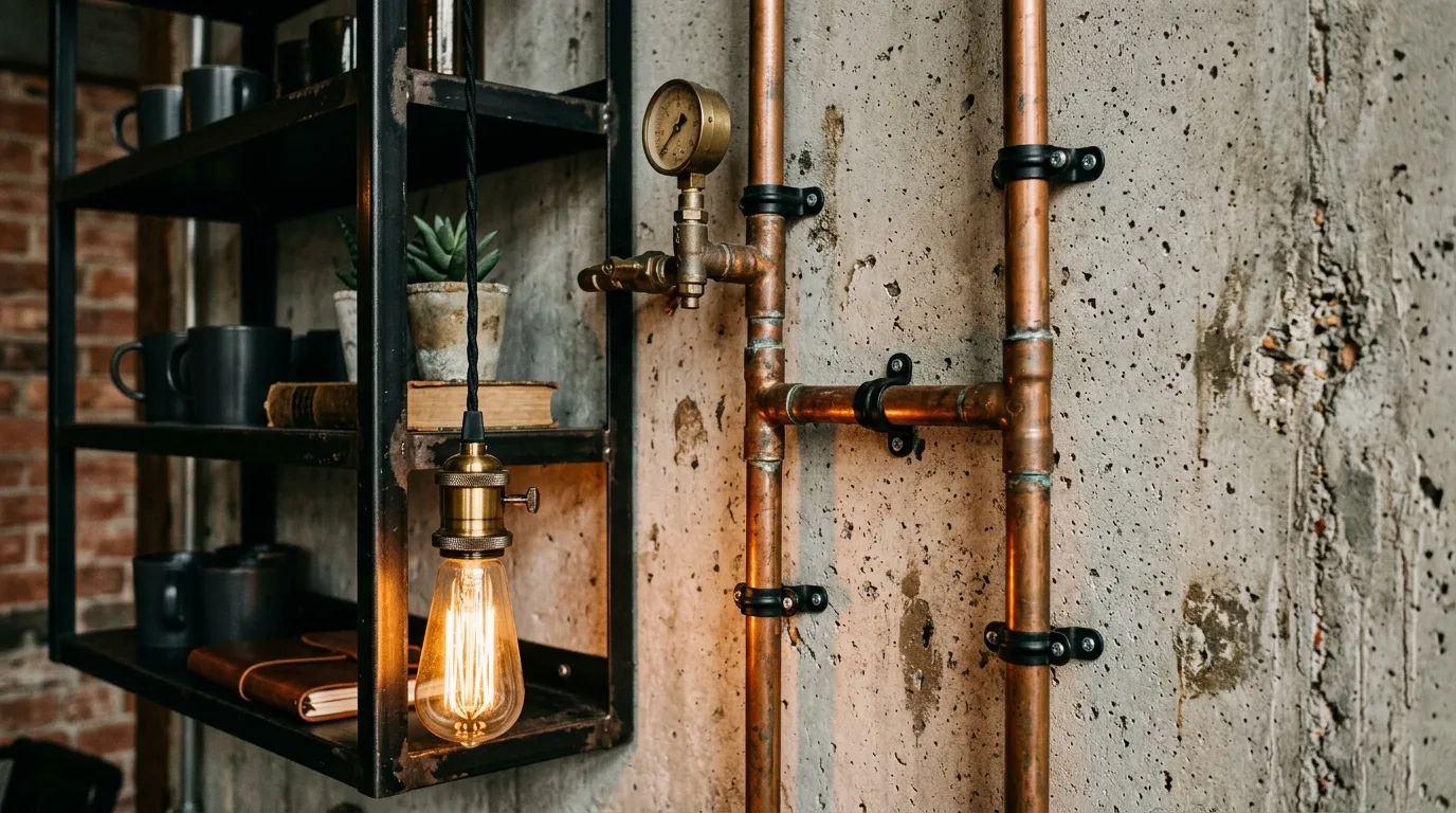 Detail of exposed copper pipes and black iron shelf with Edison bulb