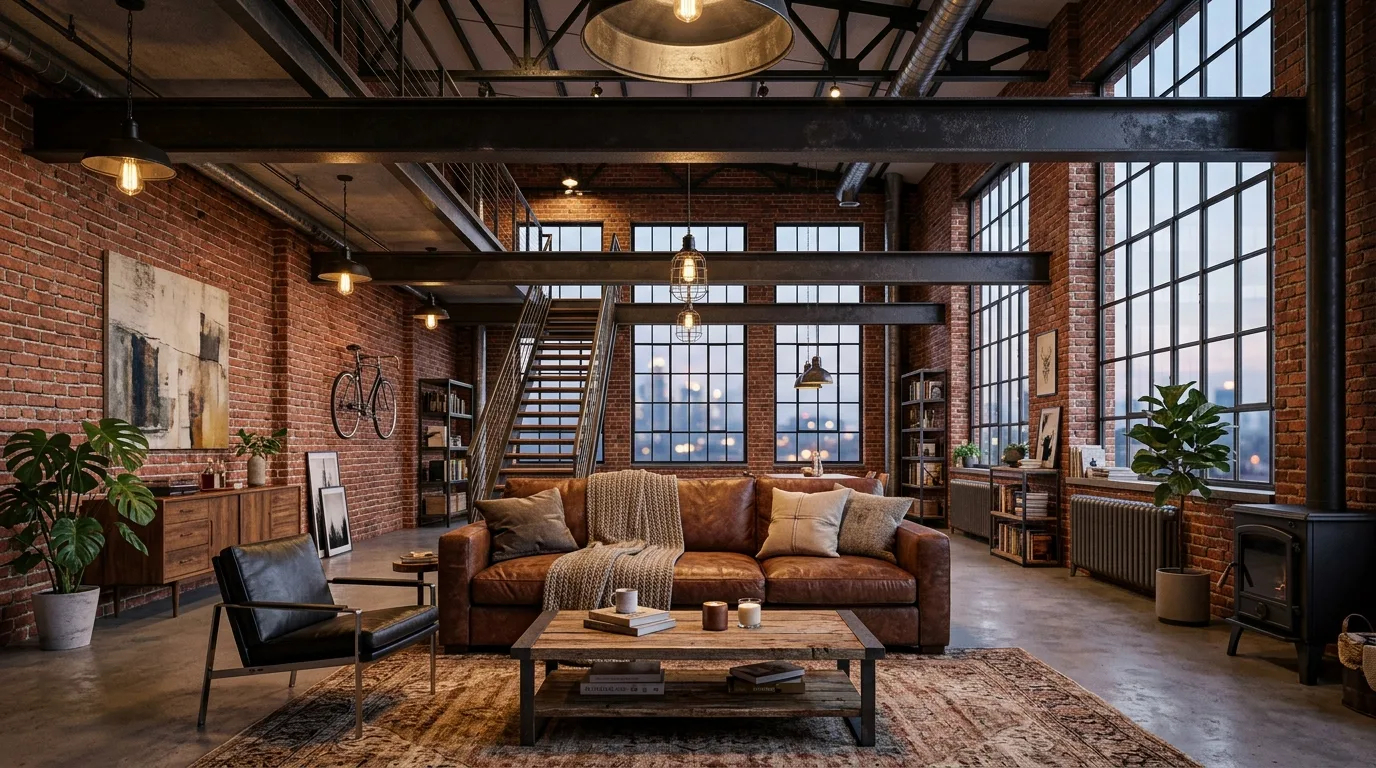 Industrial style living room with exposed brick and metallic beams