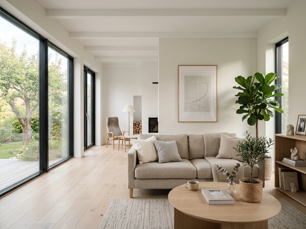 Salón estilo escandinavo y minimalista con madera clara y luz solar