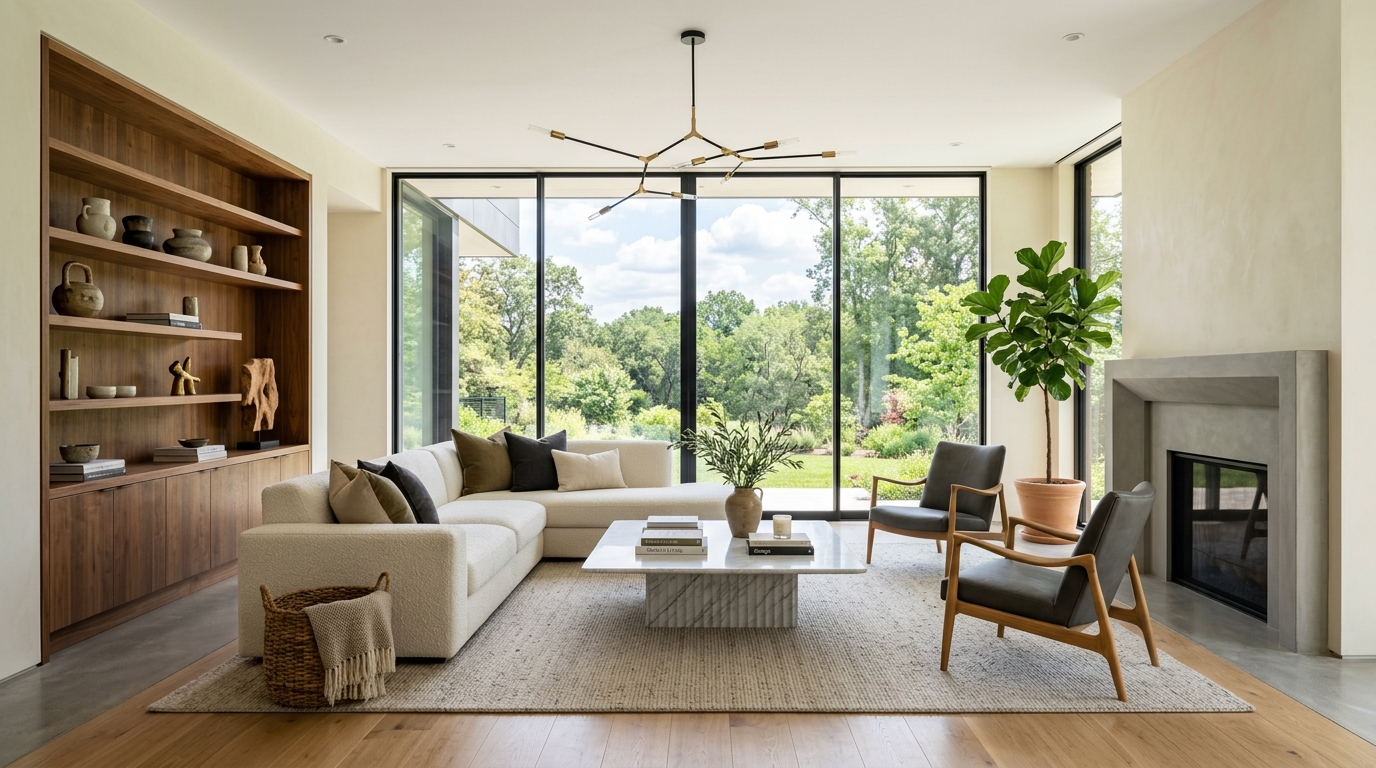 Salón moderno con armonía de estilos de decoración de interiores