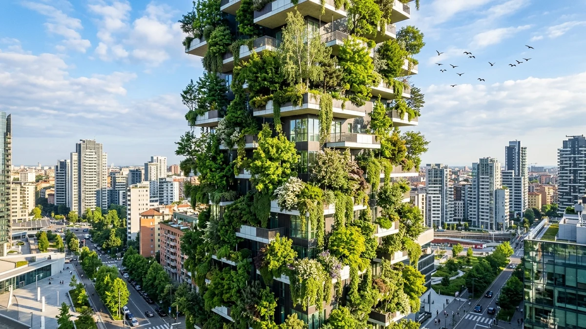 Vertical forest residential skyscraper covered in lush green trees and foliage on cantilevered balconies in a modern metropolis