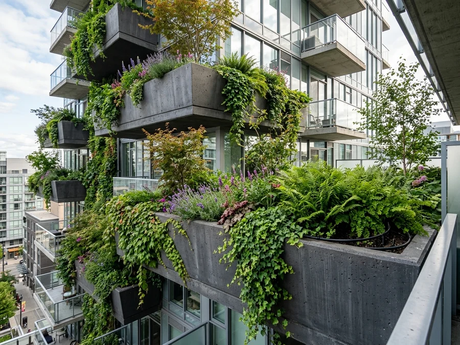 Structural planters on a living facade with cascading ivy, perennial flowers, and drip irrigation