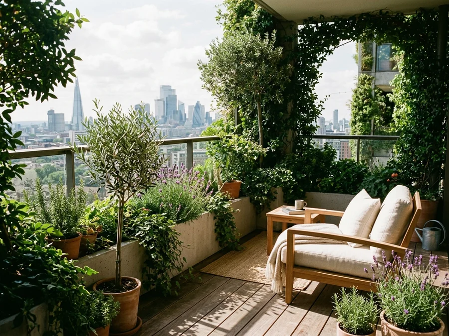 Apartment balcony in vertical forest with olive tree, lavender pots, teak chair, and city panorama