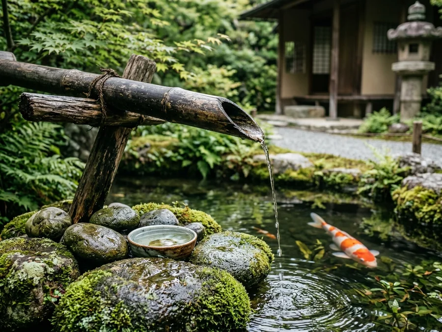 Fuente tradicional de bambú Shishi-odoshi vertiendo agua sobre piedras cubiertas de musgo en estanque koi