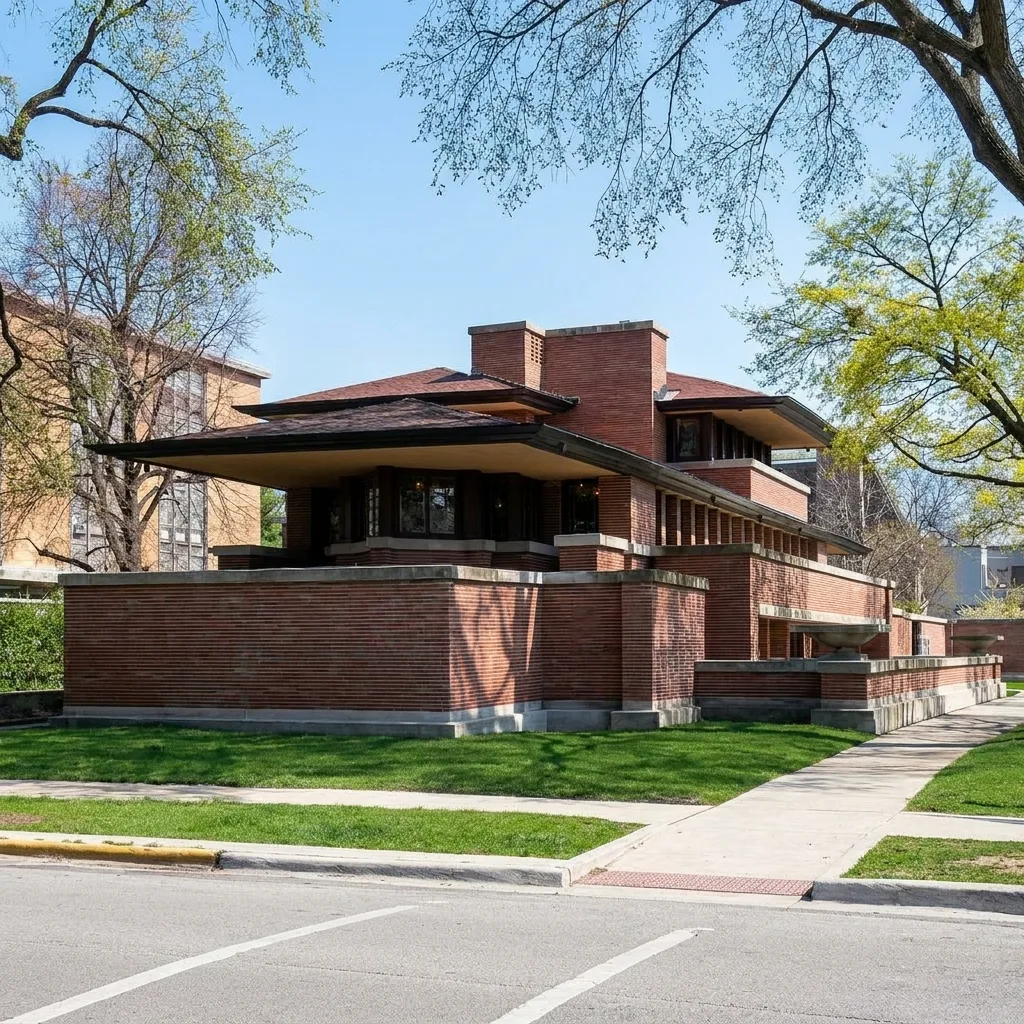 Fachada horizontal com tijolos romanos da Robie House em Chicago