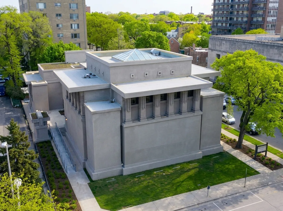 Fachada cúbica em concreto aparente e vidro do Unity Temple em Oak Park