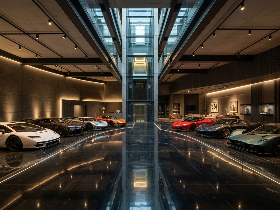 Galeria subterrânea de carros de luxo dentro de mega mansão com piso de mármore e iluminação de museu