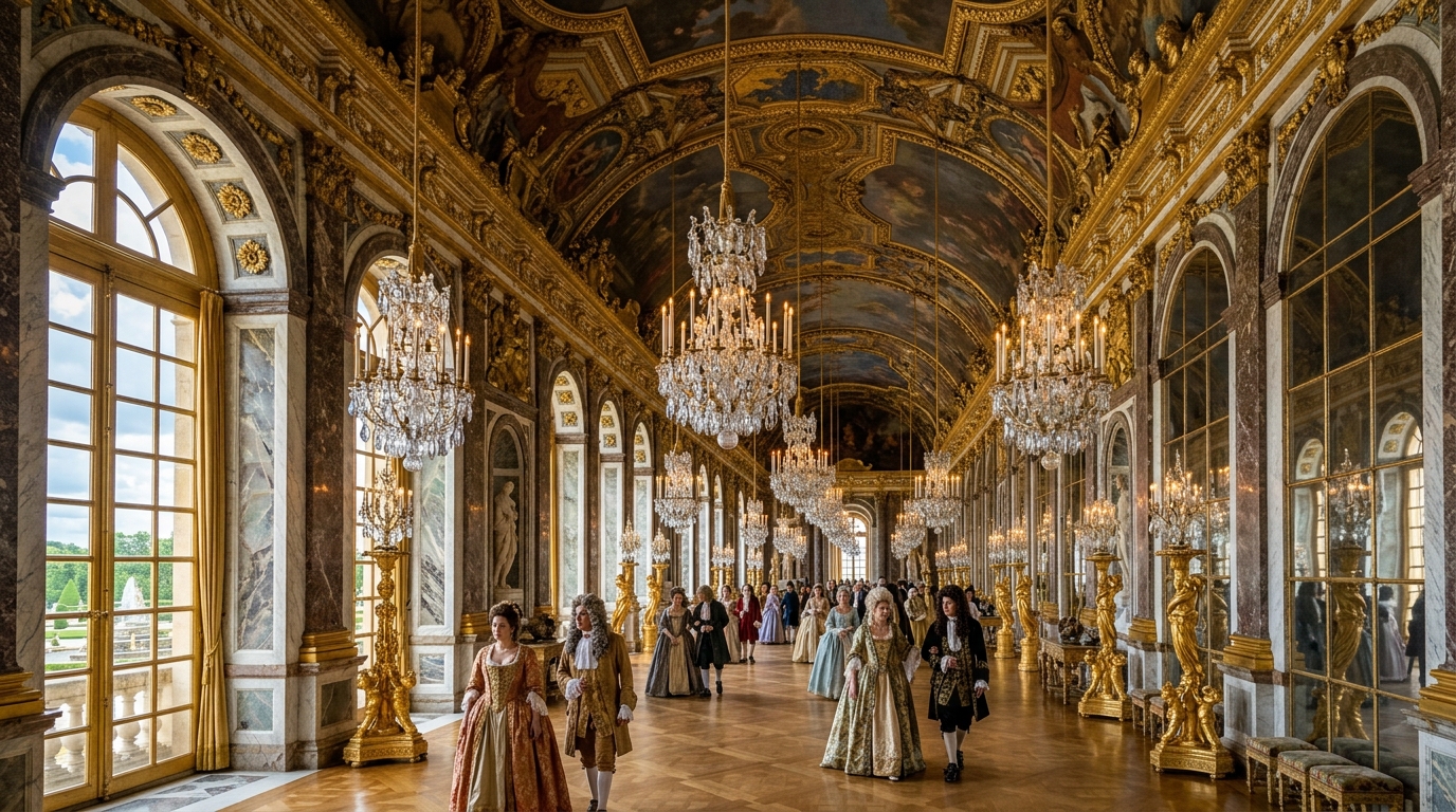 The Hall of Mirrors at Versailles with golden chandeliers and grand mirrored arches
