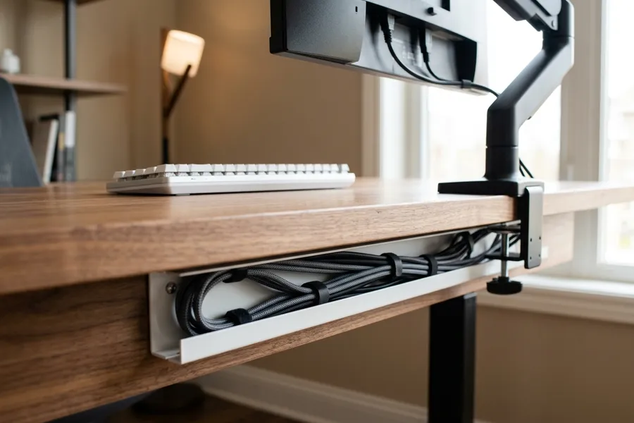 Close-up of under-desk cable tray with hidden wires and matte monitor arm