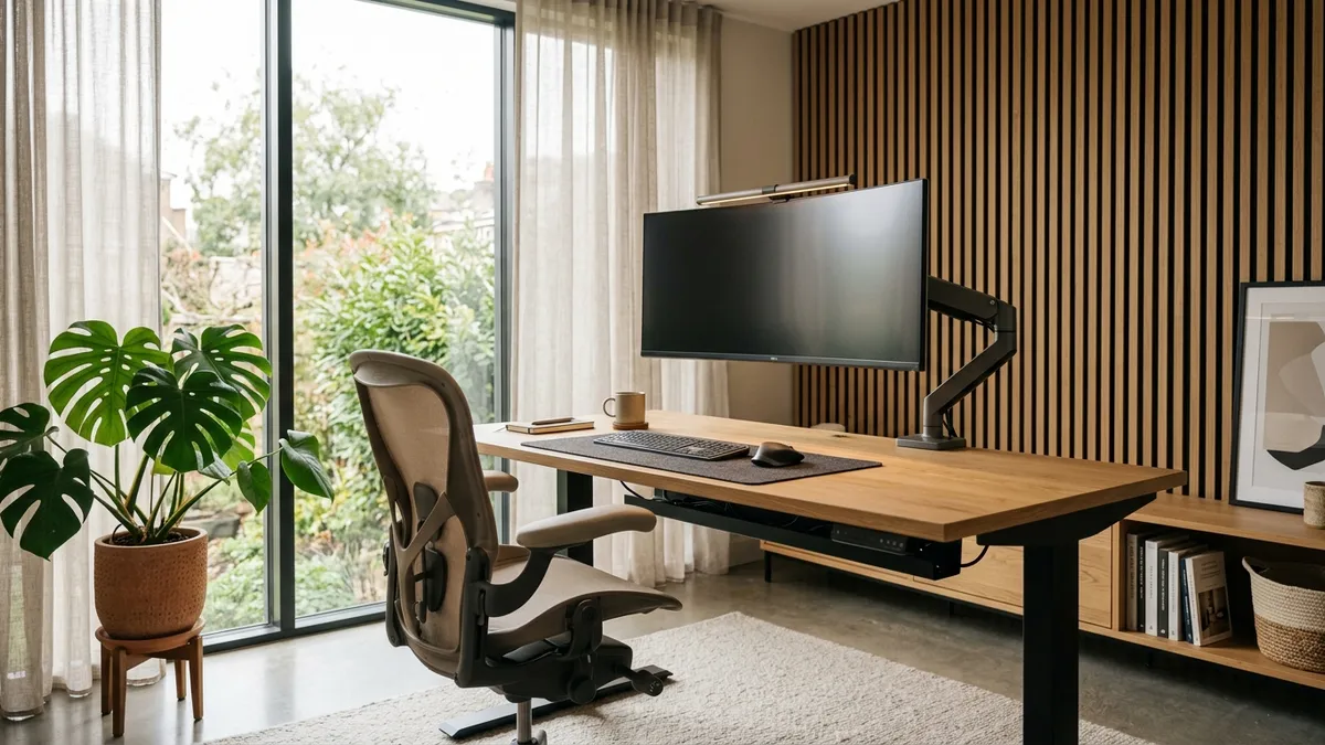Ergonomic and stylish home office with natural oak standing desk placed perpendicular to window, beige task chair, soft ambient lighting and hidden cable management