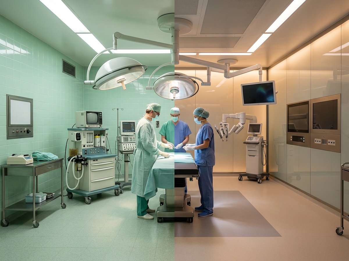 Comparativo entre sala cirúrgica clássica verde e centro médico contemporâneo humanizado