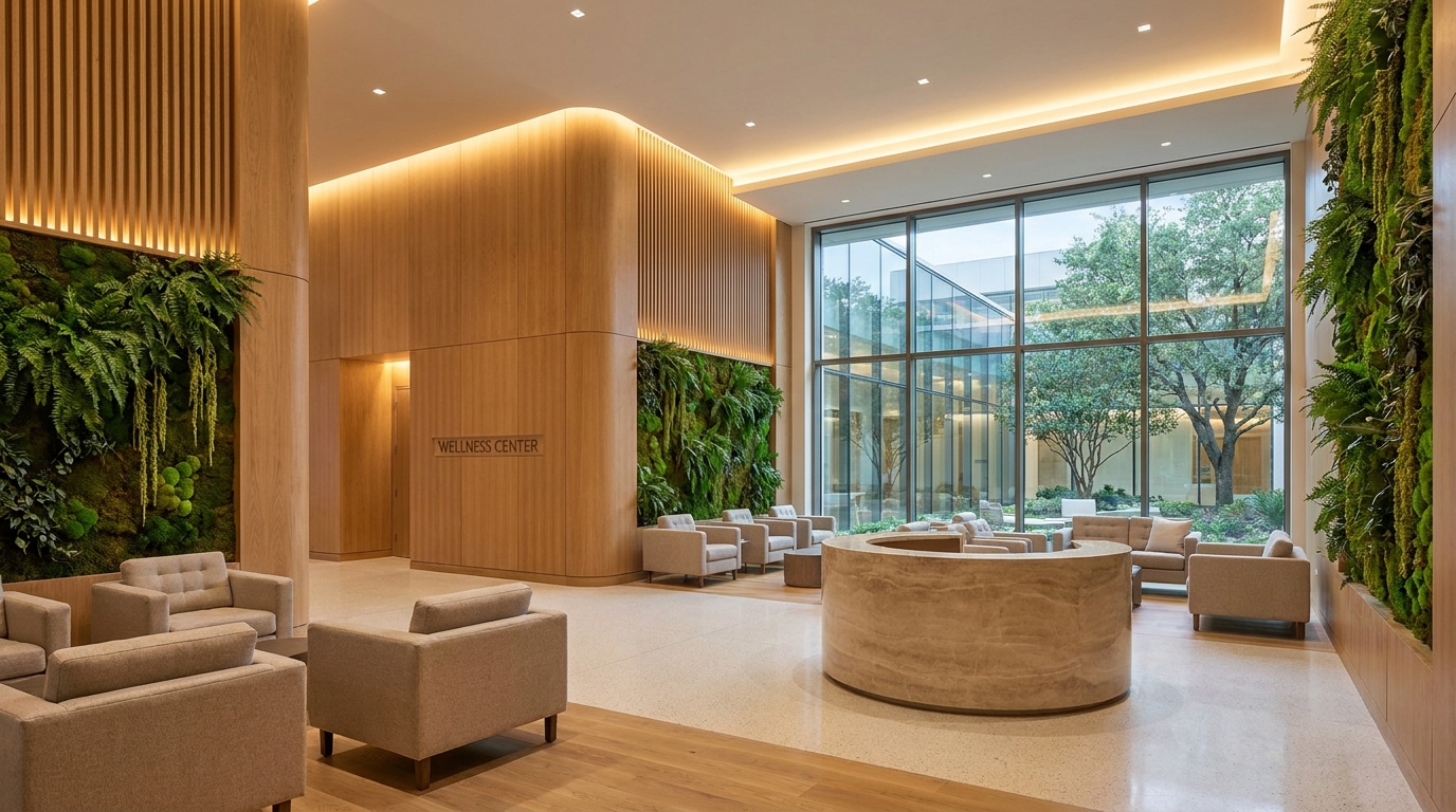 Recepção de complexo hospitalar contemporâneo com madeira natural e iluminação acolhedora