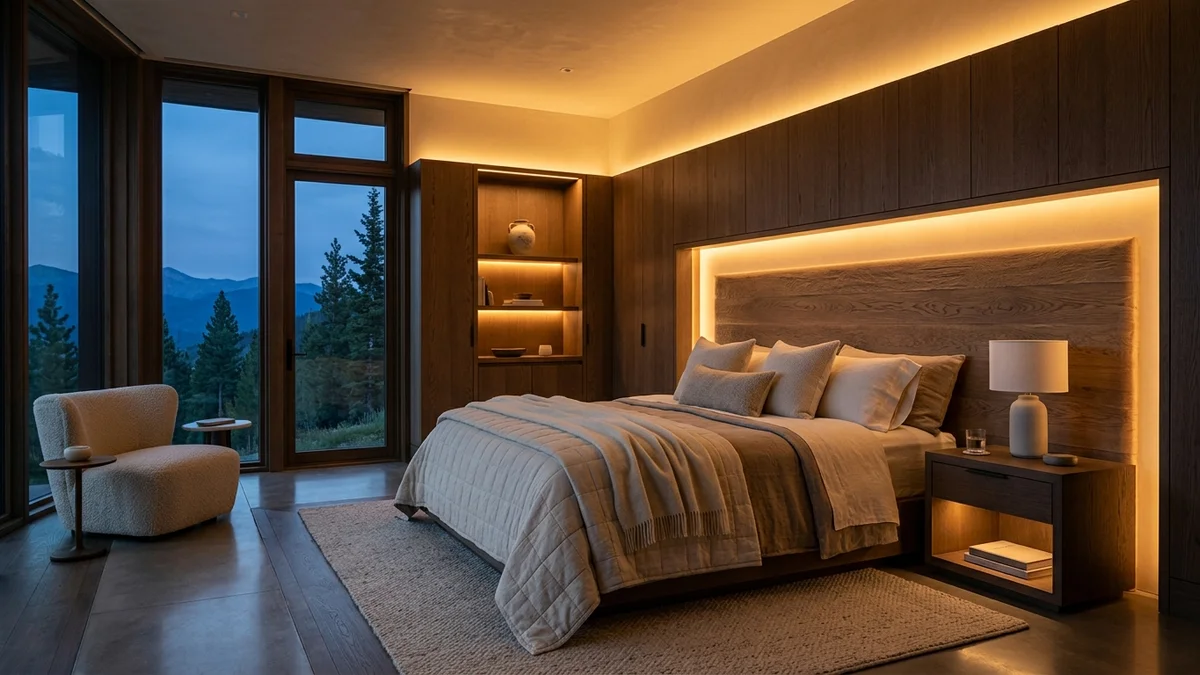 Quarto moderno luxuoso com iluminação biológica circadiana quente e relaxante no painel de madeira