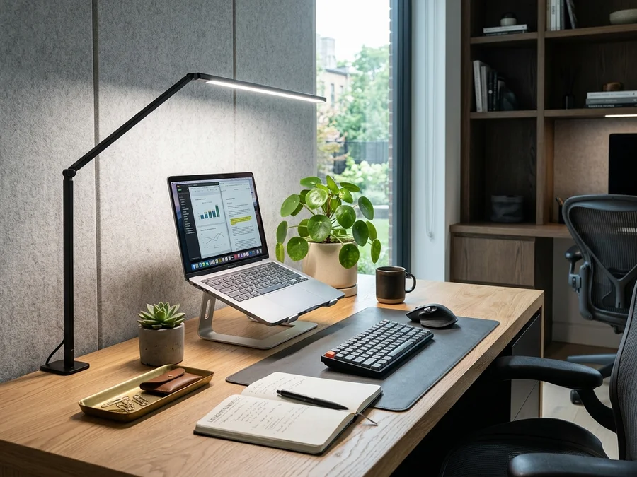 Home office moderno com iluminação de tarefa de tom branco-frio sobre bancada de madeira iluminada