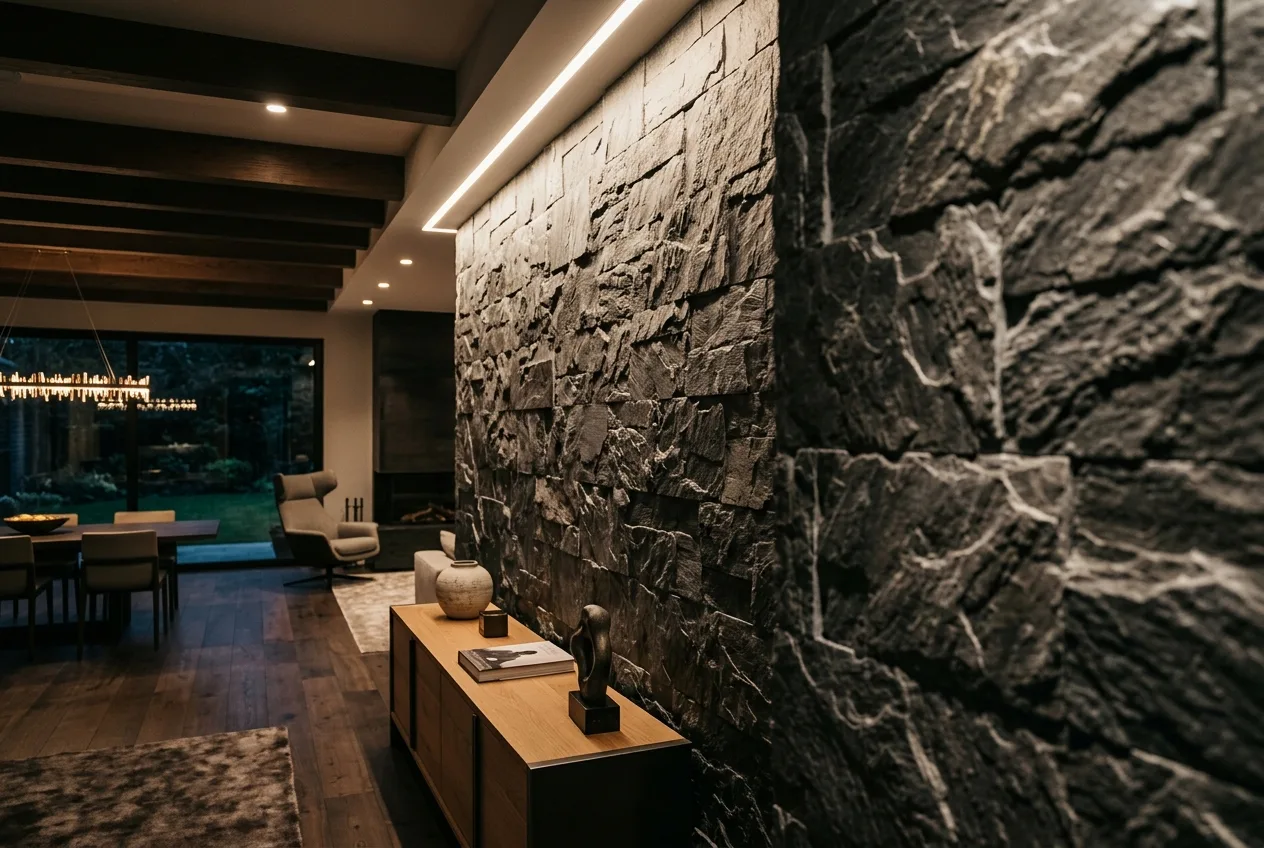 Stone accent wall illuminated by warm grazing LED light revealing mineral relief
