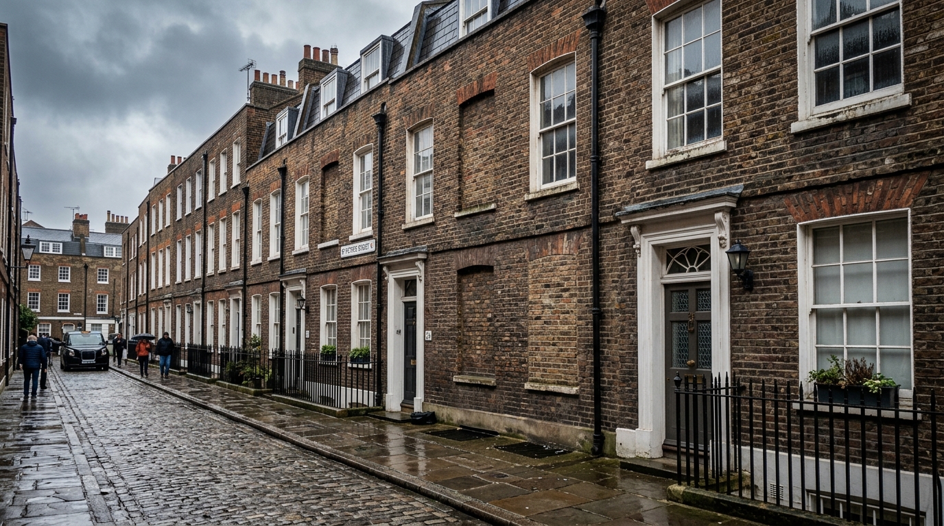 18th century Georgian brick townhouses in London with bricked-up windows