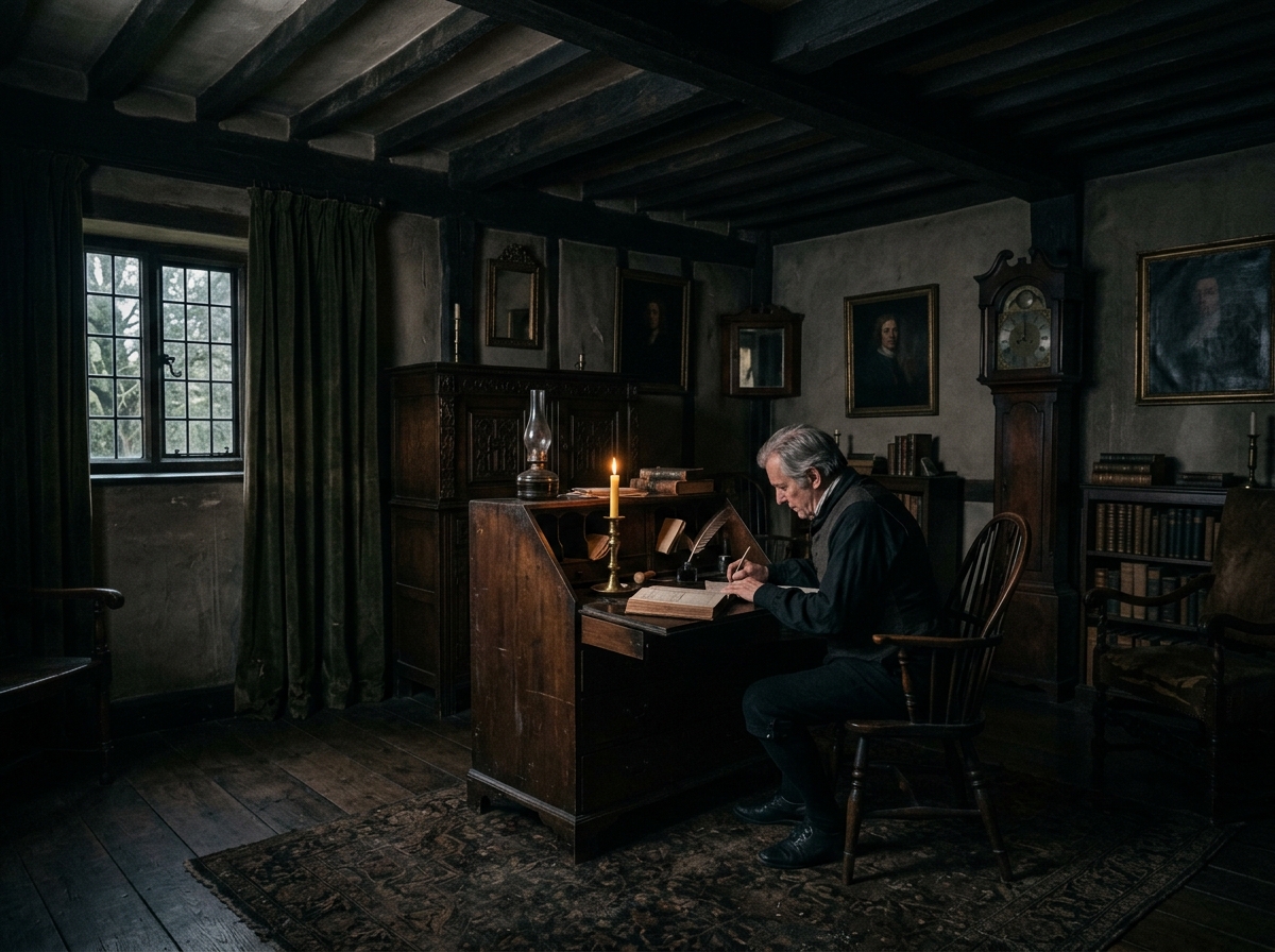 Dimly lit 18th century room interior with a single window and candle light