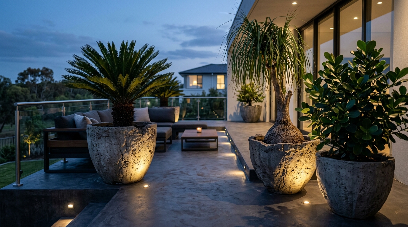 Close-up of white pebble garden bed with agaves and discreet low-voltage floor spotlights