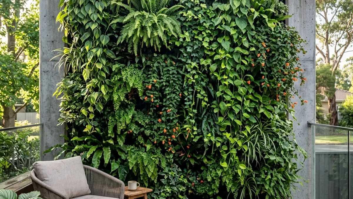 Lush vertical living wall on concrete boundary wall with ferns, trailing pothos, and outdoor lounge seating