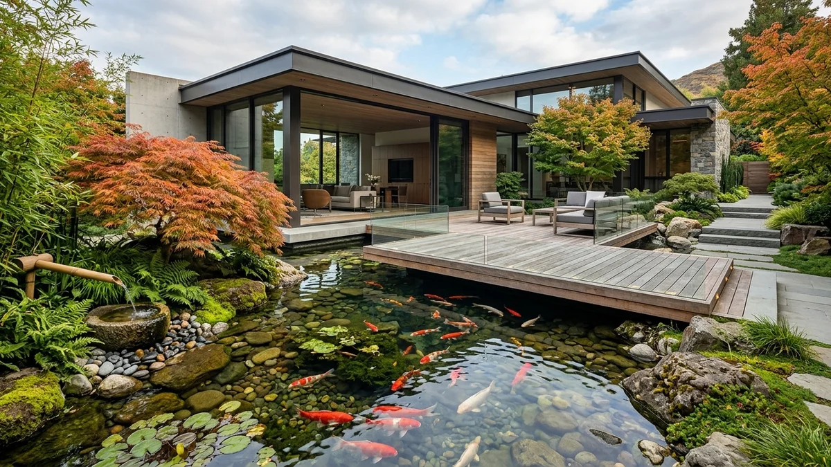 Estanque oriental con carpas koi coloridas, terraza de madera flotante, fuente de bambú y jardín zen