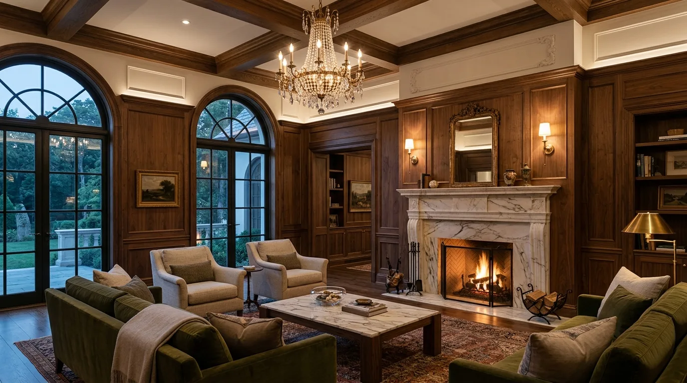 Timeless elegant living room with fireplace