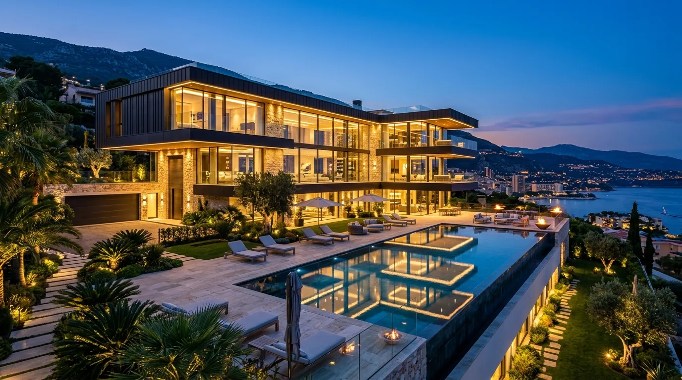 Luxury mansion with infinity pool at dusk