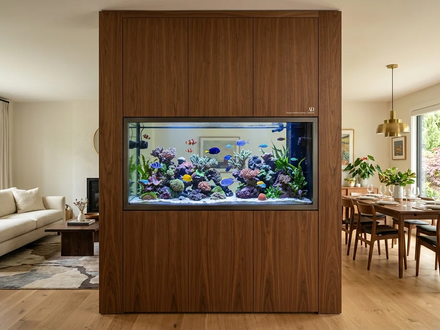 Custom wooden cabinetry concealing plumbing and maintenance hatches above and below double-sided aquarium