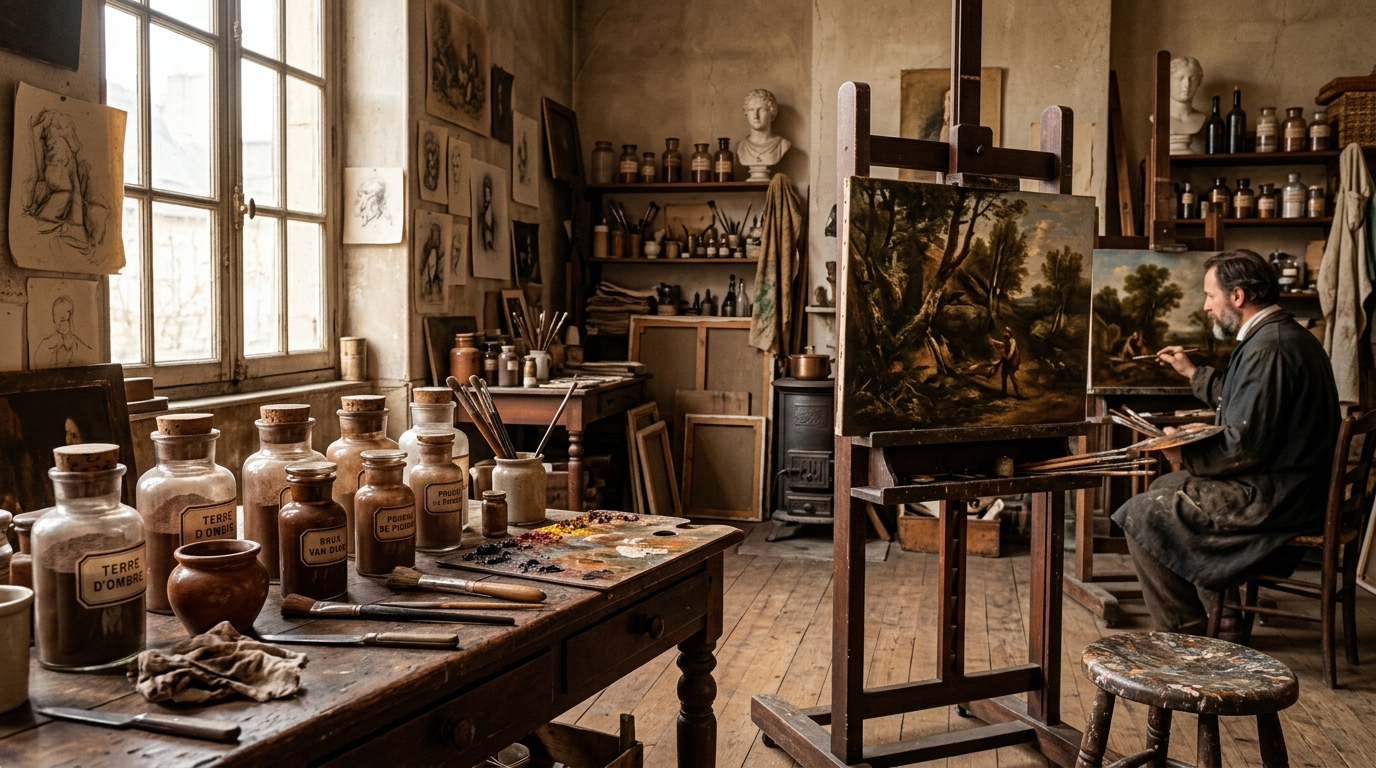 19th century painter studio with glass jars containing Mummy Brown pigment