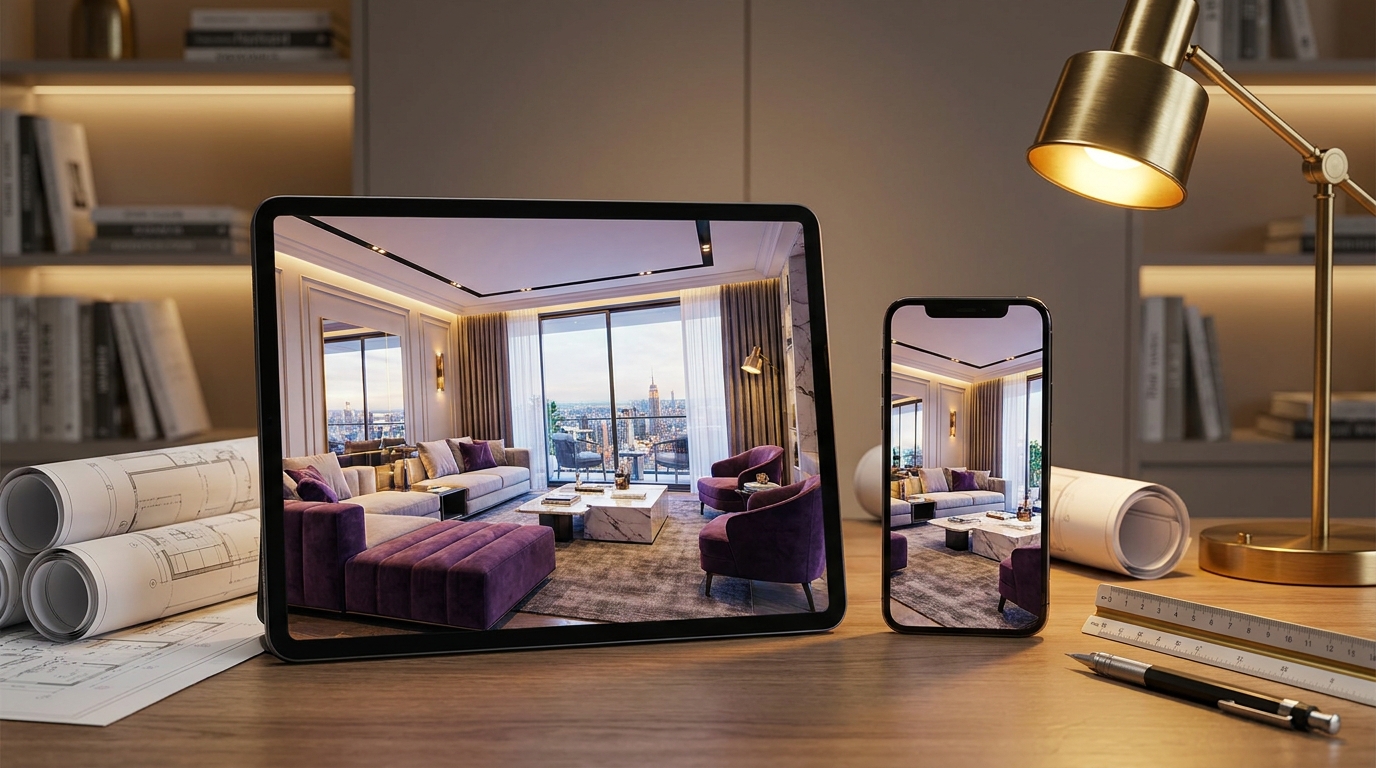 Side-by-side comparison of interior design apps on mobile tablet and smartphone