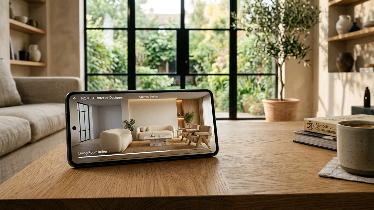Sleek smartphone on oak table displaying AI interior design app transforming an apartment living room with warm lighting and bouclé sofa