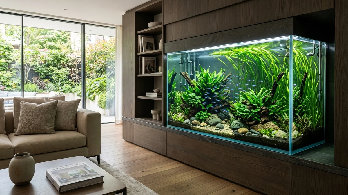 Luxurious living room planted aquarium filled with Anubias, Java Fern, and Vallisneria ribbon plants