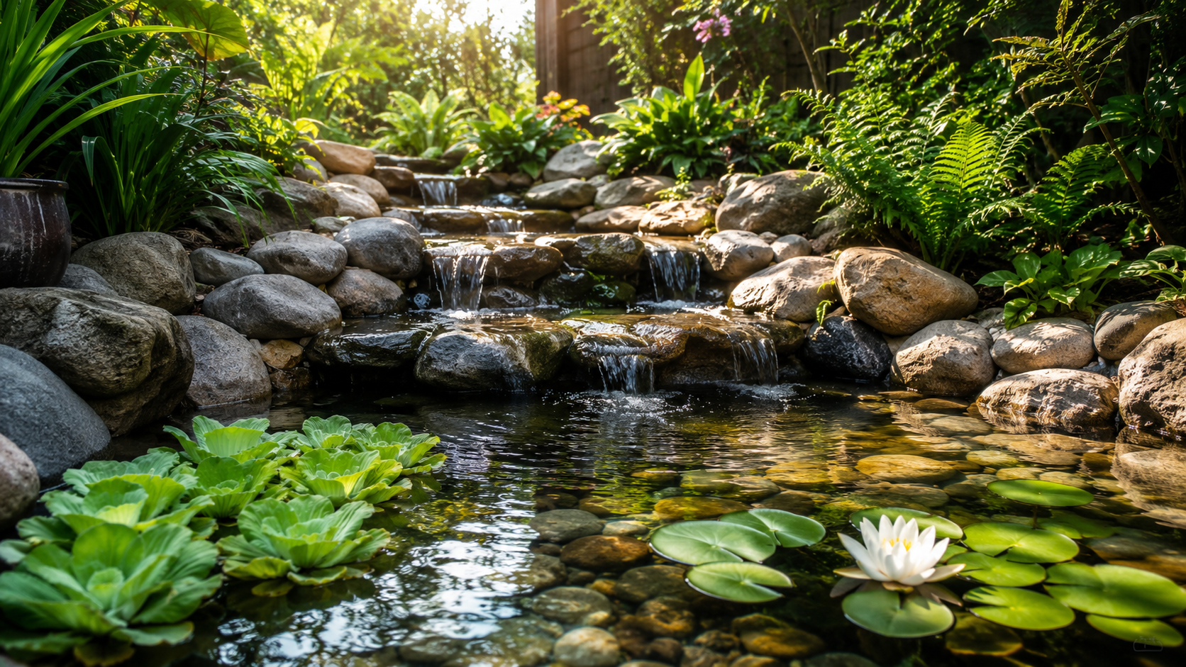 Mini lago biológico de jardim com pedras naturais, cascata relaxante e plantas aquáticas filtrantes