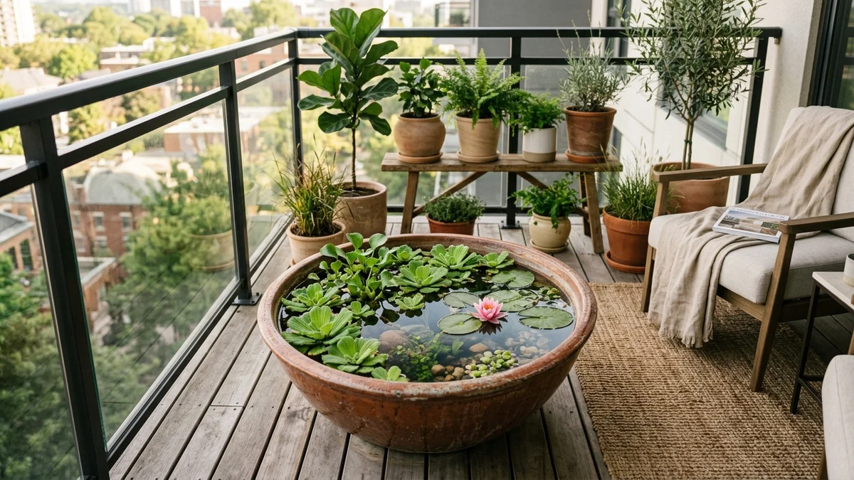 Container mini pond in a rustic ceramic bowl on an apartment balcony with floating plants and pink water lily