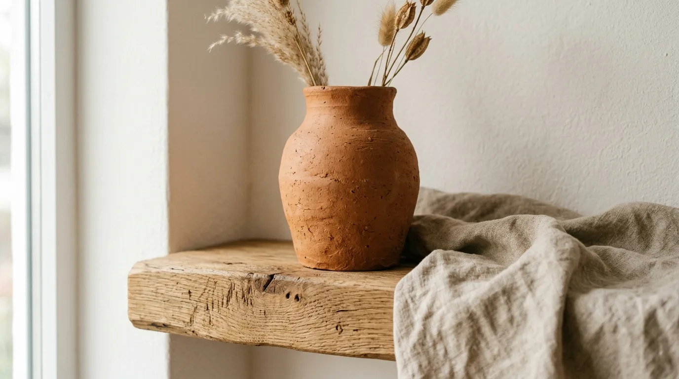 Detalhe de vaso de cerâmica artesanal em terracota e prateleira de madeira clara