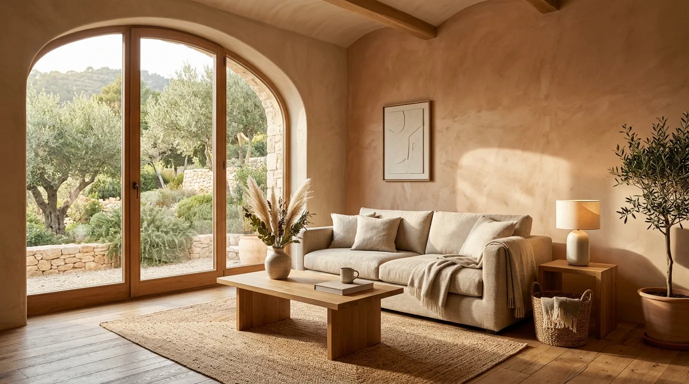 Sala de estar em estilo Minimalismo Quente com paleta de tons terrosos e madeira maciça