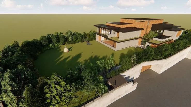 Sala de estar minimalista com grande vidro panorâmico em Parasita