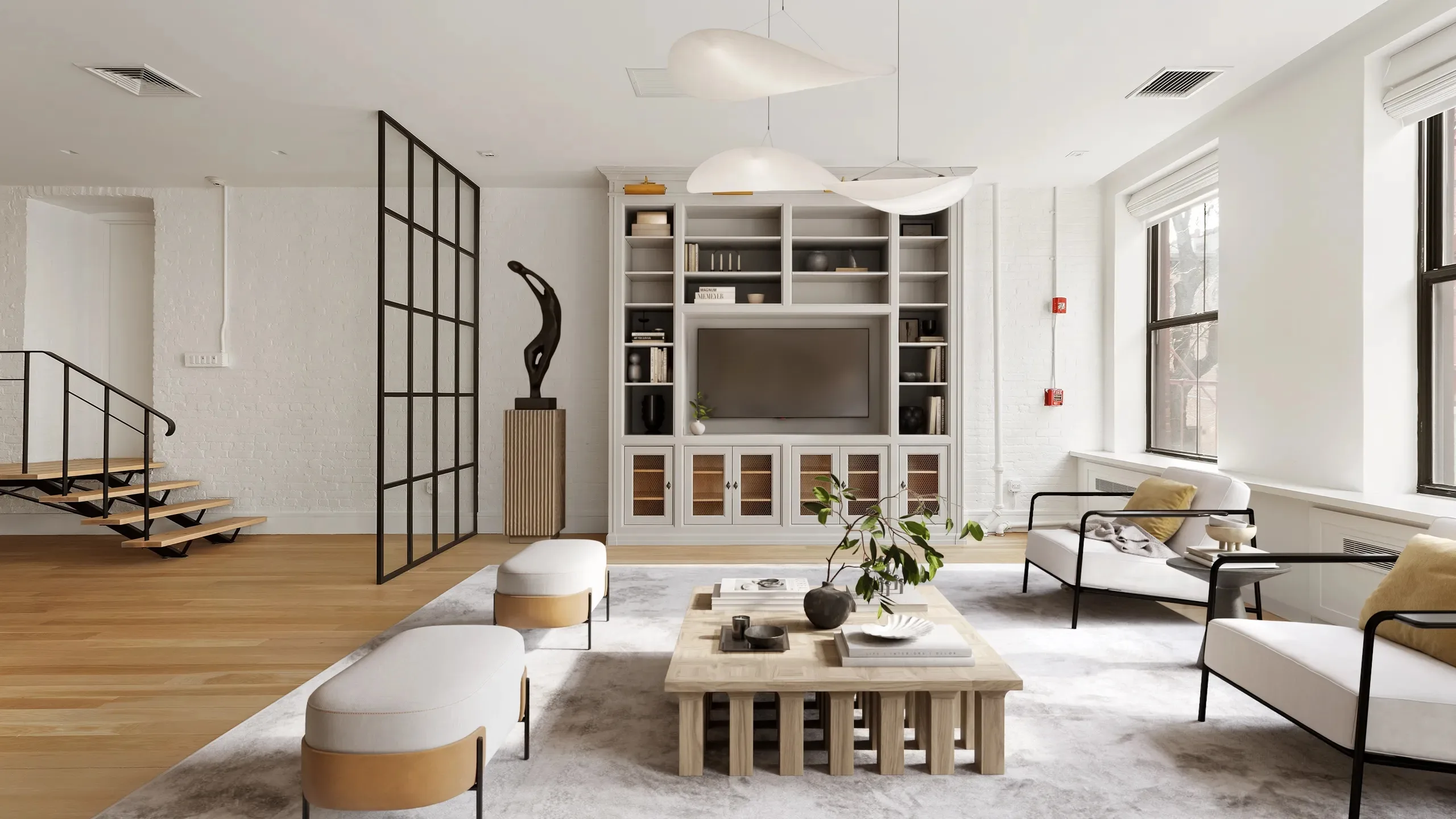 Interior do Loft em NoHo Nova York projetado por Nate Berkus com tijolos aparentes e estofados neutros