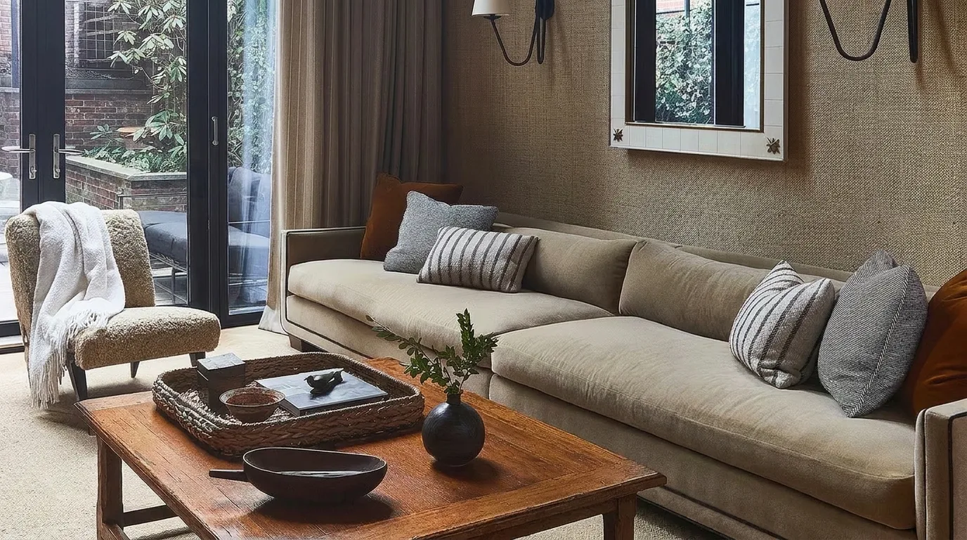 Sala da Townhouse em West Village com lareira de mármore clássica e espelho antigo dourado