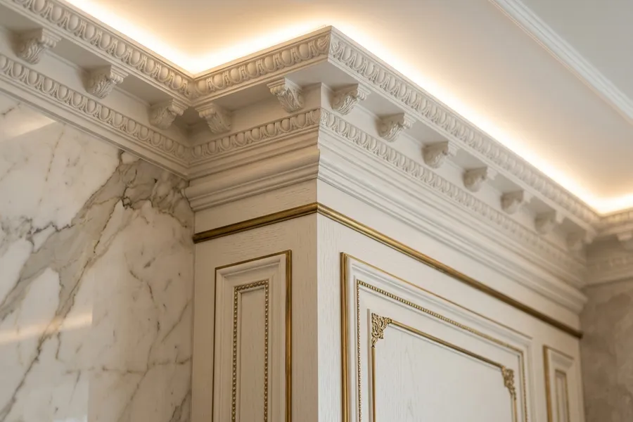 Modern neoclassical boiserie detail in white with gold brass trim, plaster cove with warm indirect LED strip and Calacatta marble — luxury craftsmanship