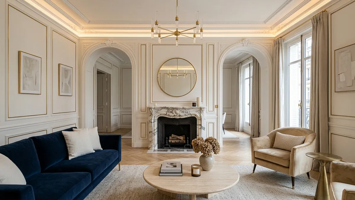 Modern neoclassical living room with ivory boiserie panels with gold brass moldings, navy blue velvet sofa, Calacatta marble fireplace, herringbone oak parquet floor and indirect LED cove lighting